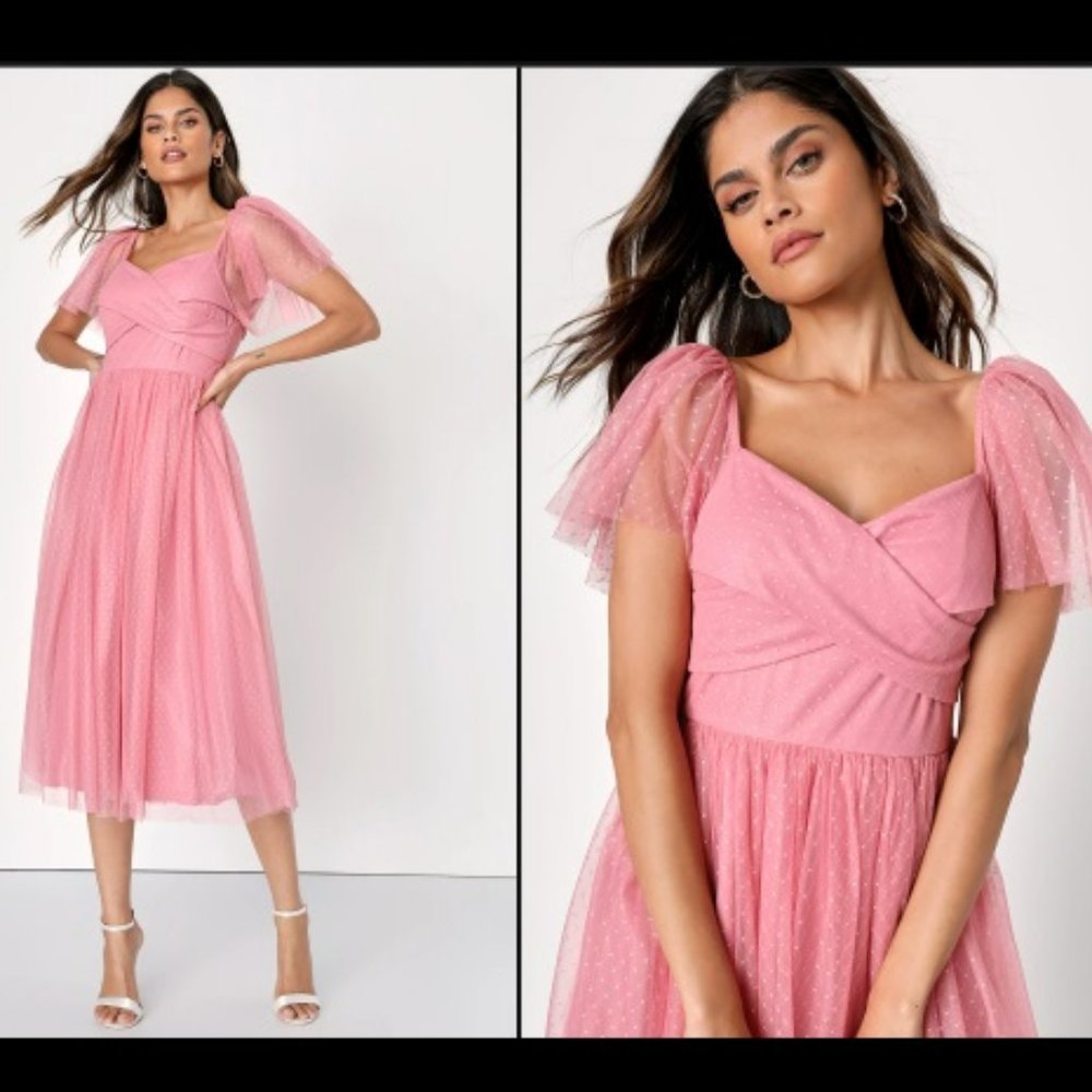 Lulu's Adorable Confidence Rose Pink Mesh Swiss Dot Midi Dress w/ Tags Sz L